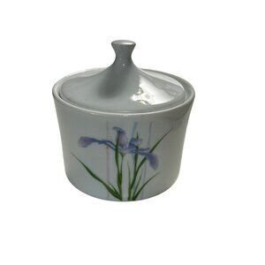 Corning Shadow Iris Pattern Sugar Bowl With Lid Made in USA White Purple Floral